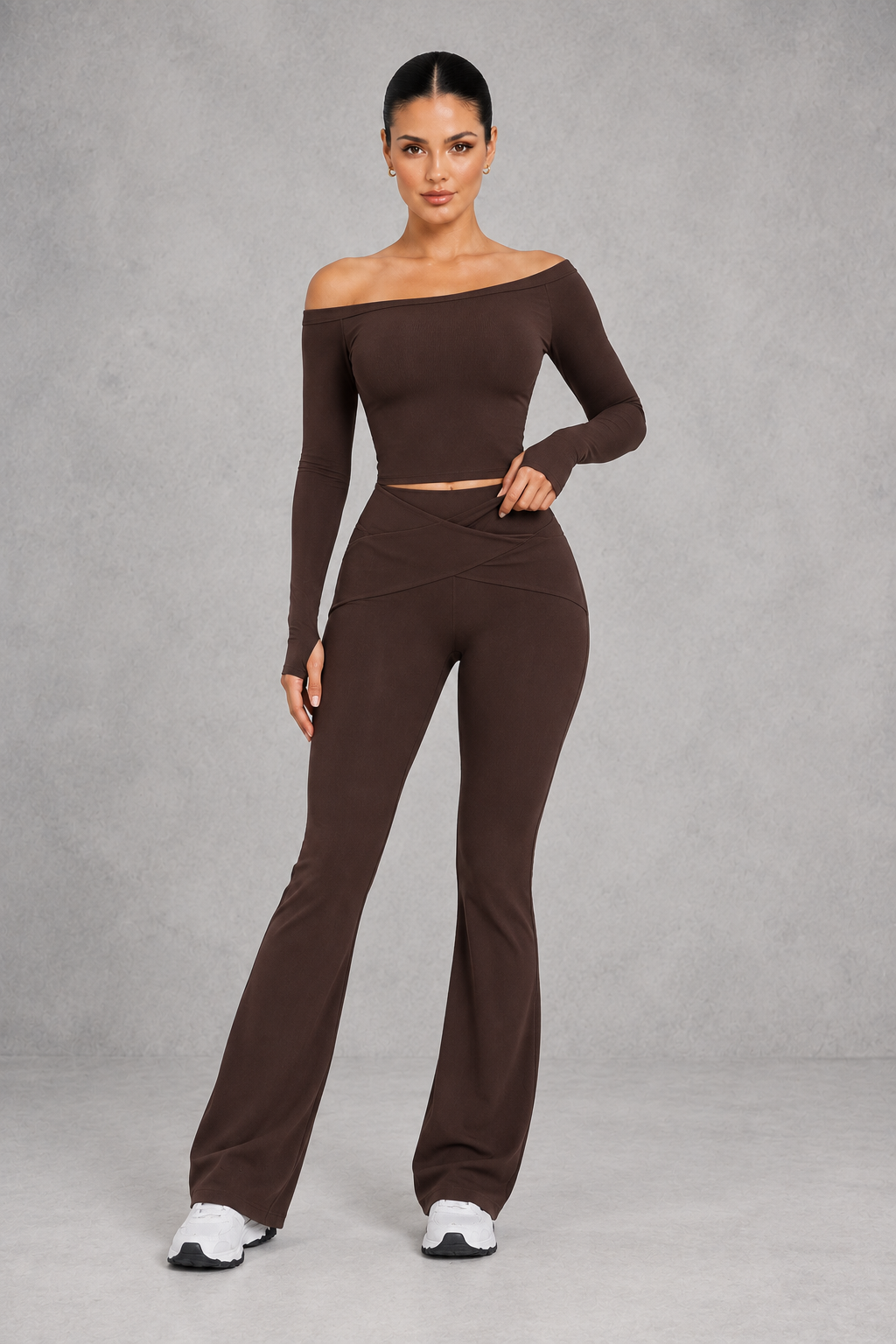 Sculp Off-Shoulder Crop Top & Crossover Flare Leggings Set – image 4