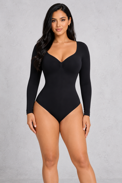 Sculp Seamless Long Sleeve Ruched V-Neck Tummy Control Thong Shaping Bodysuit