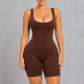 Sculp seamless full body shaper bodysuit in Brown – front view, mid-thigh length