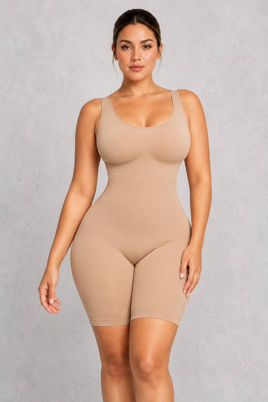 Sculp Colombian-inspired mid-thigh shaping bodysuit in Tan – front view