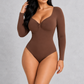 Sculp Seamless Long Sleeve Ruched V-Neck Tummy Control Thong Shaping Bodysuit