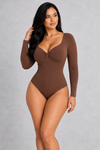 Sculp Seamless Long Sleeve Ruched V-Neck Tummy Control Thong Shaping Bodysuit