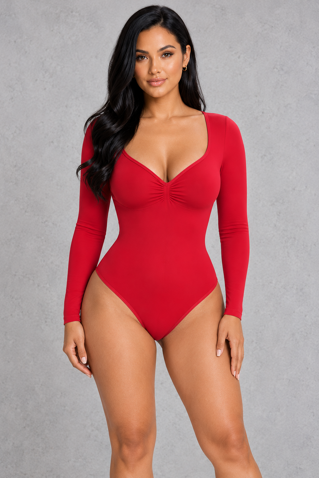 Sculp Seamless Long Sleeve Ruched V-Neck Tummy Control Thong Shaping Bodysuit