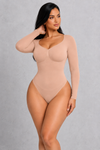 Sculp Seamless Long Sleeve Ruched V-Neck Tummy Control Thong Shaping Bodysuit