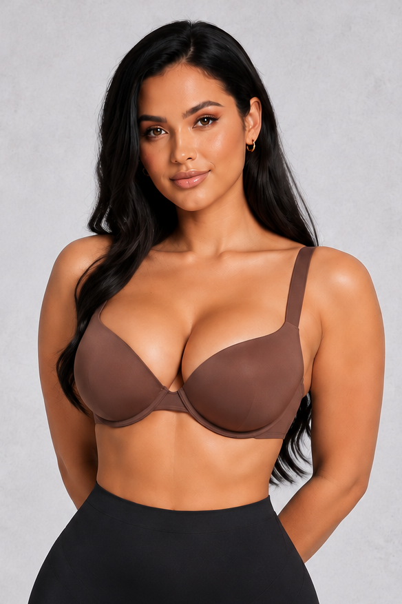 Sculp Seamless Push-Up T-Shirt Bra in Brown, front view