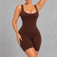 Sculp seamless full body shaper bodysuit in Brown – front view, criss-cross tummy panel