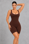 Sculp seamless full body shaper bodysuit in Brown – front view, criss-cross tummy panel