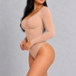 Sculp Seamless Long Sleeve Ruched V-Neck Tummy Control Thong Shaping Bodysuit