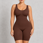 Sculp Colombian-inspired mid-thigh shaping bodysuit in Brown – front view, full length
