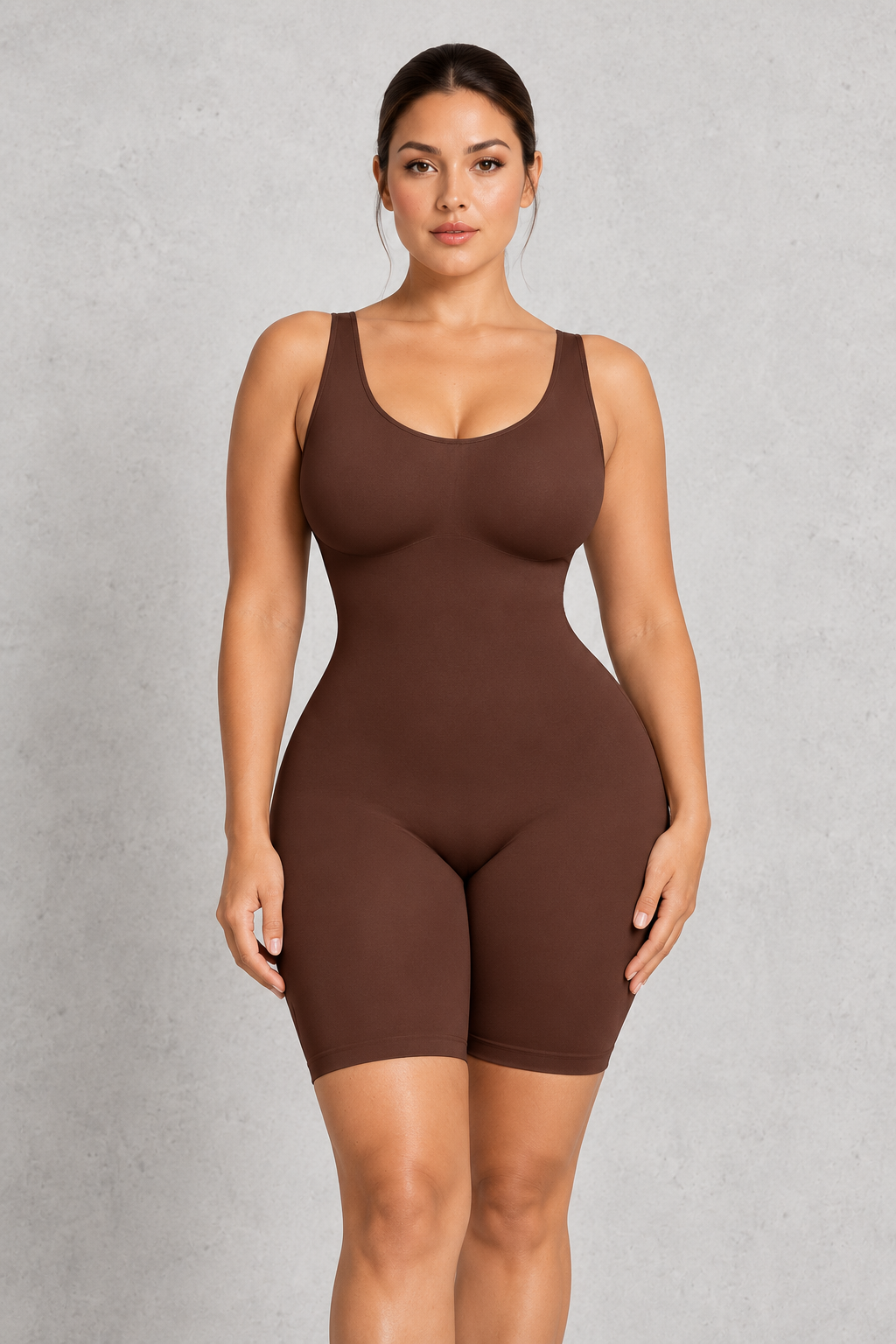 Sculp Colombian-inspired mid-thigh shaping bodysuit in Brown – front view, full length