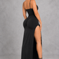 Sculp high-slit bodycon maxi dress in black, back view with ruched bum