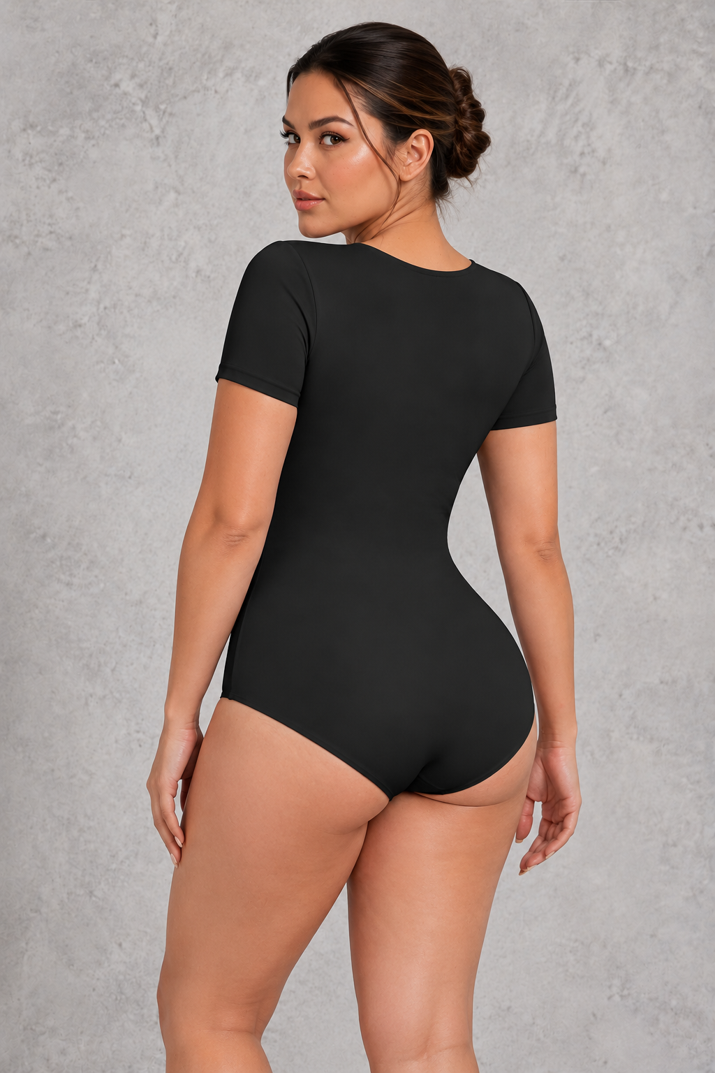 Sculp deep V-neck short sleeve bodysuit in Black – back view