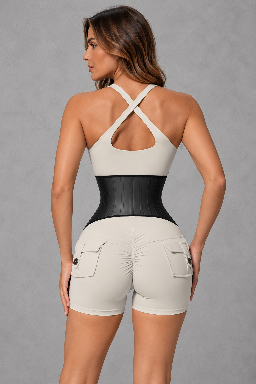 Sculp glossy latex hourglass waist cincher in Black – back view