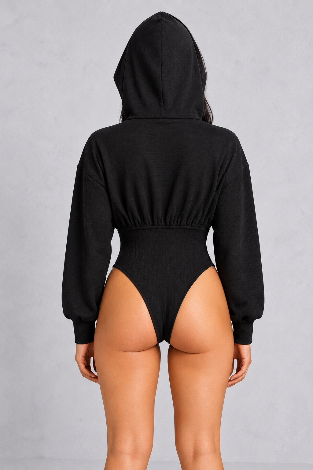 Sculp Hooded Long Sleeve Bodysuit in Black, back view