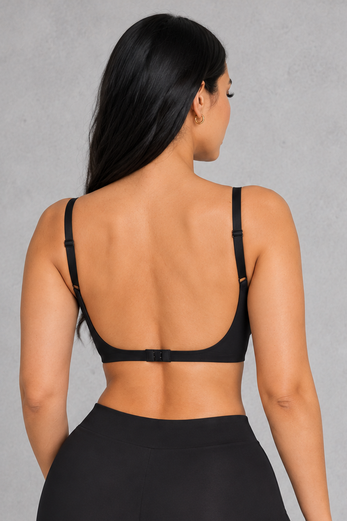 Sculp Deep Plunge Longline Push-Up Bra in Black – back, straight straps