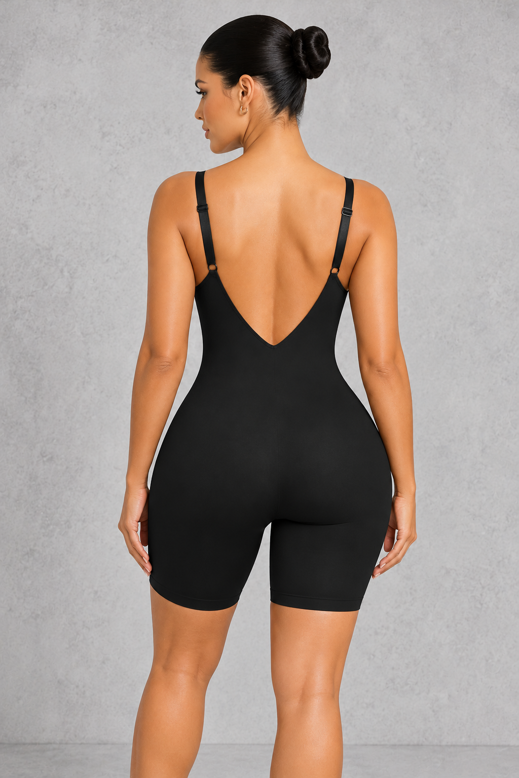 Sculp Low Back Mid-Thigh Shapewear Bodysuit in Black, back view showing low V-back and adjustable straps