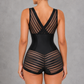 Sculp Corset Shaping Bodysuit in Black, back view showing sheer striped mesh