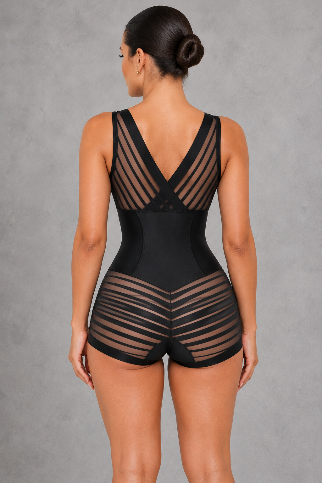 Sculp Corset Shaping Bodysuit in Black, back view showing sheer striped mesh