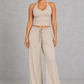 Sculp Wrap Top & Wide Leg Joggers Lounge Set in Linen – front view with halter top and joggers