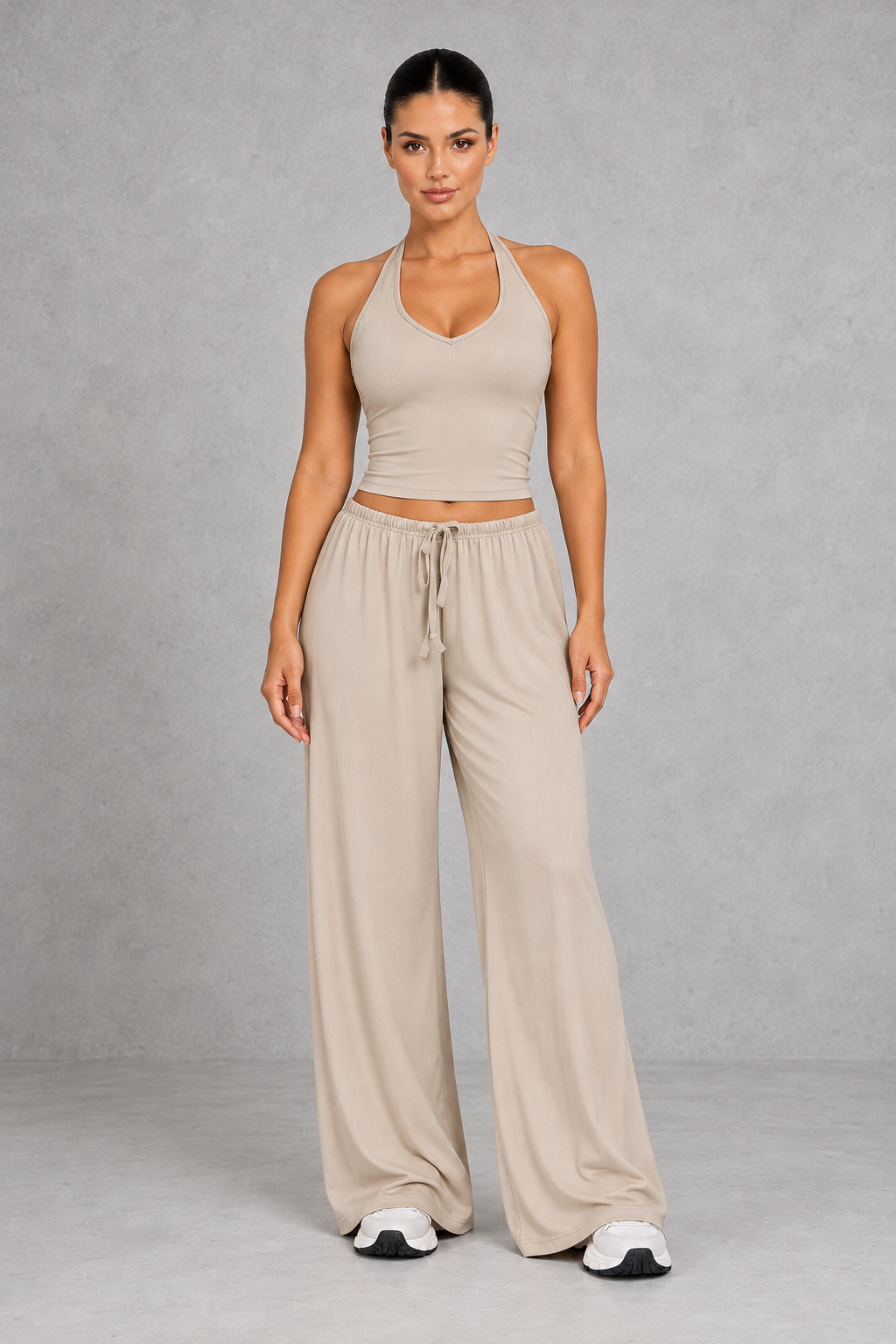Sculp Wrap Top & Wide Leg Joggers Lounge Set in Linen – front view with halter top and joggers