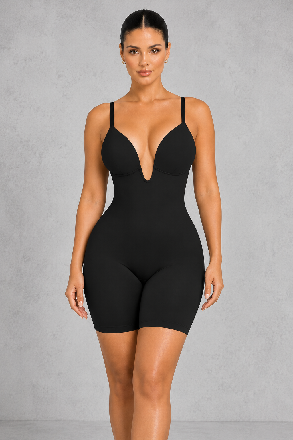 Sculp Low Back Mid-Thigh Shapewear Bodysuit in Black, front view