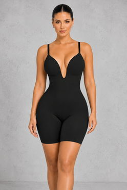 Sculp Low Back Mid-Thigh Shapewear Bodysuit in Black, front view