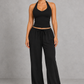 Sculp Wrap Top & Wide Leg Joggers Lounge Set in Black – front view with halter top and joggers