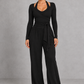 Sculp Wrap Top & Wide Leg Joggers Lounge Set in Black – front view with tie-front wrap top