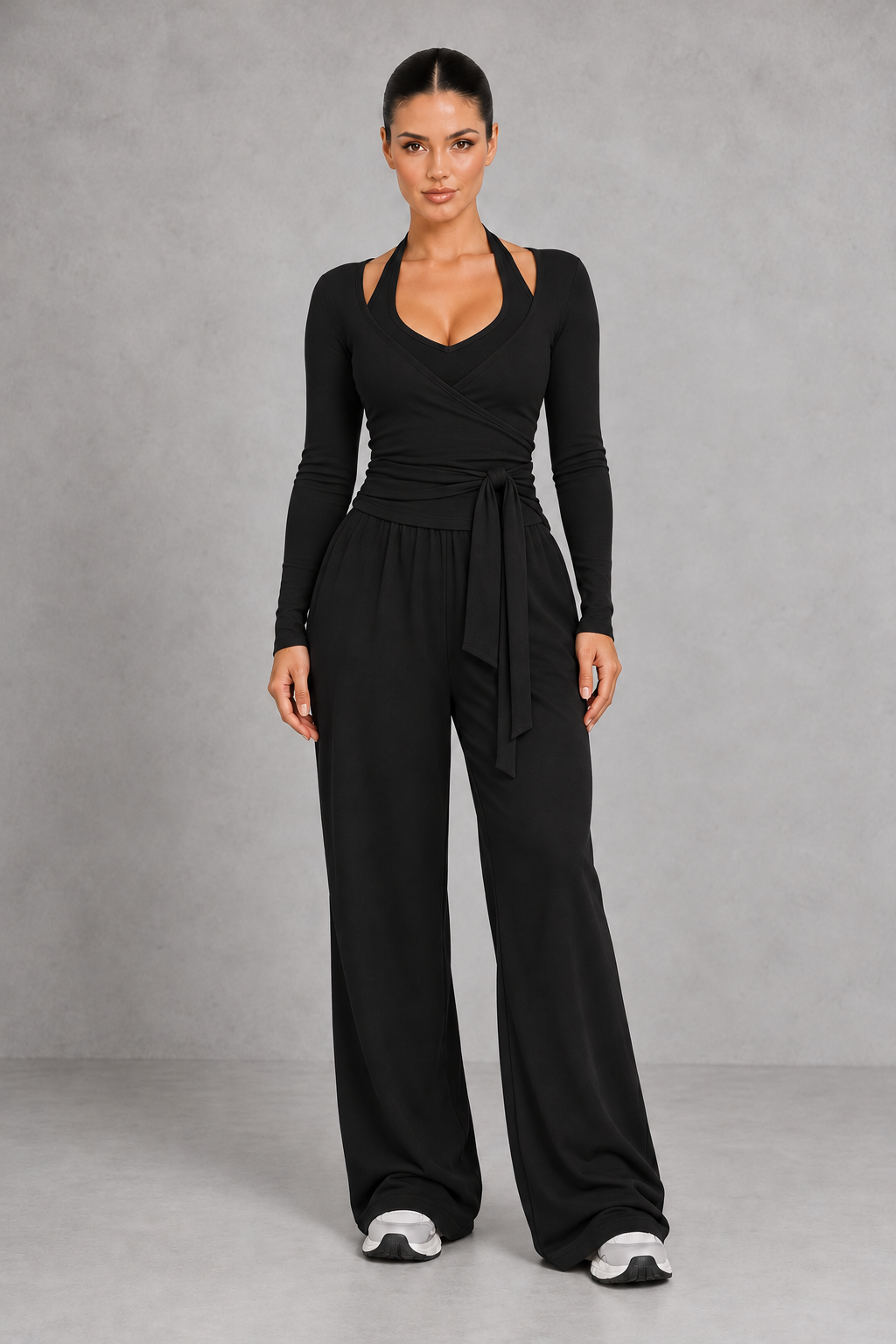 Sculp Wrap Top & Wide Leg Joggers Lounge Set in Black – front view with tie-front wrap top