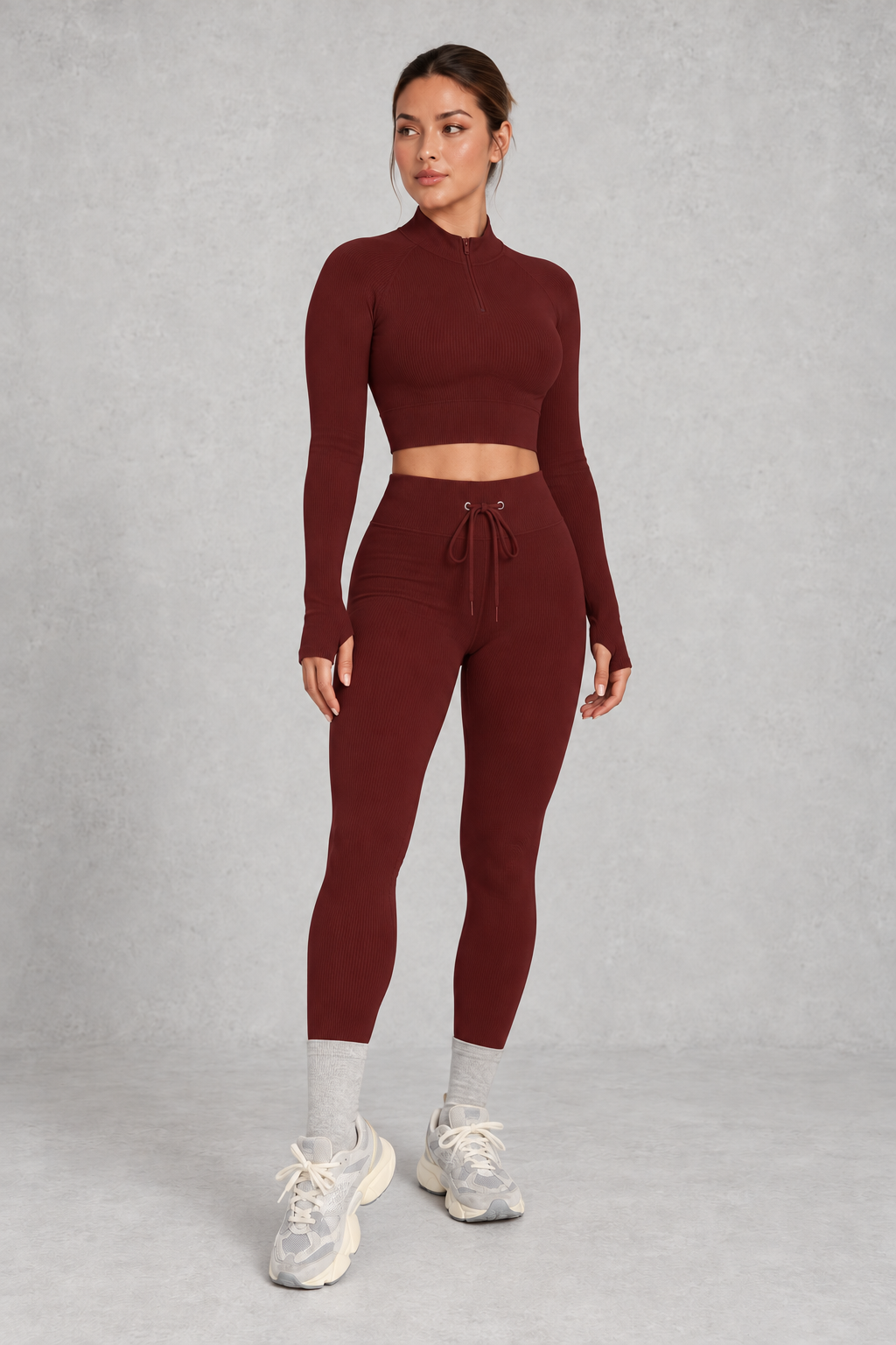 Sculp Ribbed Half-Zip Gym Co-Ord in Burgundy – three-quarter view