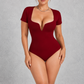 Sculp deep V-neck short sleeve bodysuit in Burgundy – front view