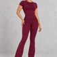 Sculp Fitted T-Shirt & Flared Leggings Set in Burgundy – three-quarter view