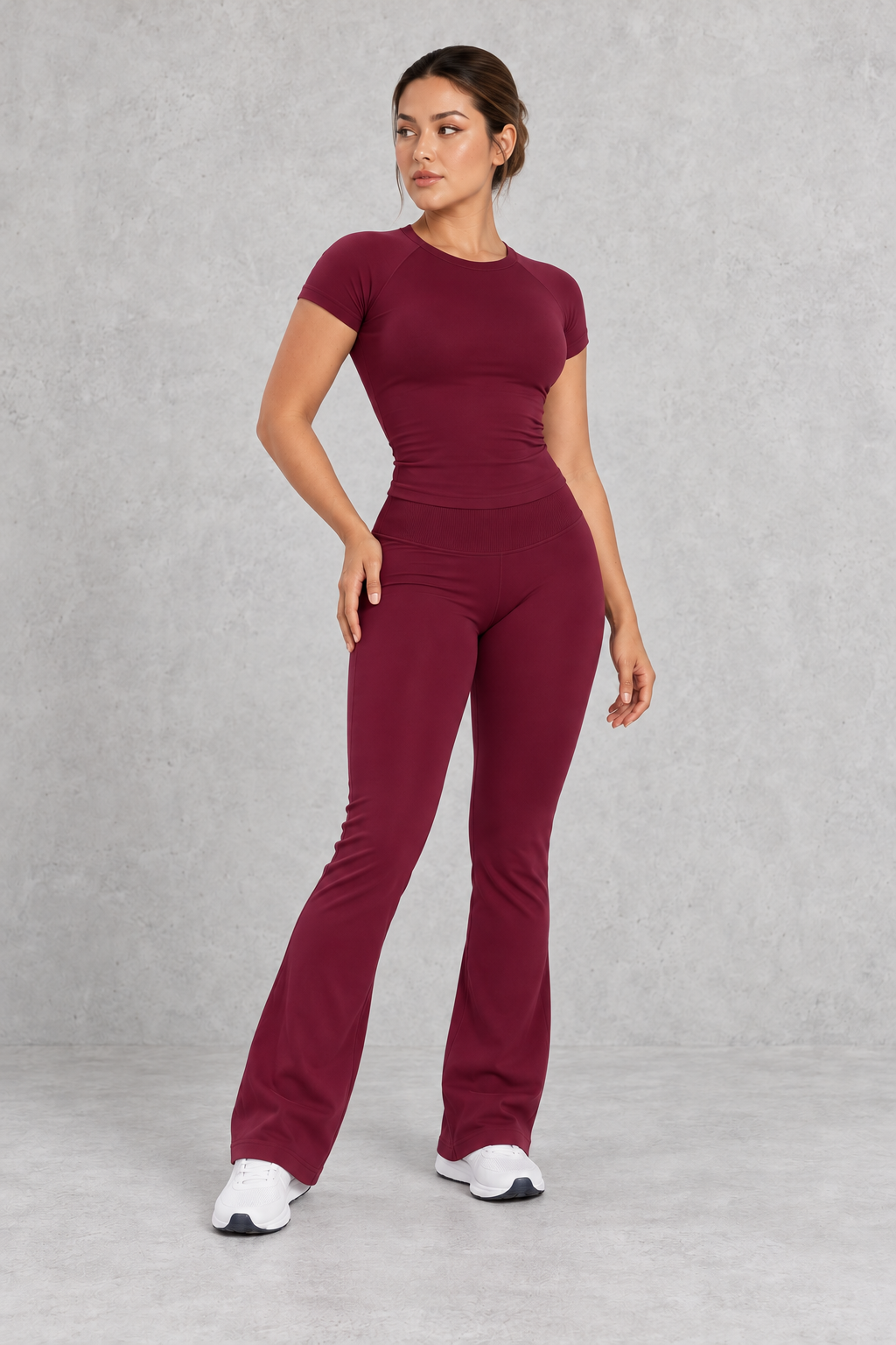 Sculp Fitted T-Shirt & Flared Leggings Set in Burgundy – three-quarter view