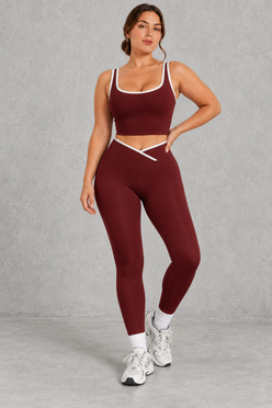 Sculp Crossover Leggings & Sports Bra Gym Set in Burgundy – front view
