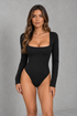 Sculp Square Neck Long Sleeve Bodysuit in Black, front view