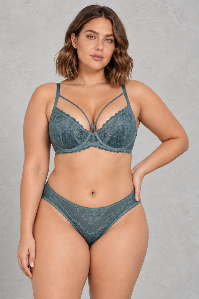 Sculp Strappy Lace Minimiser Bra & Knicker Set in Dark Green