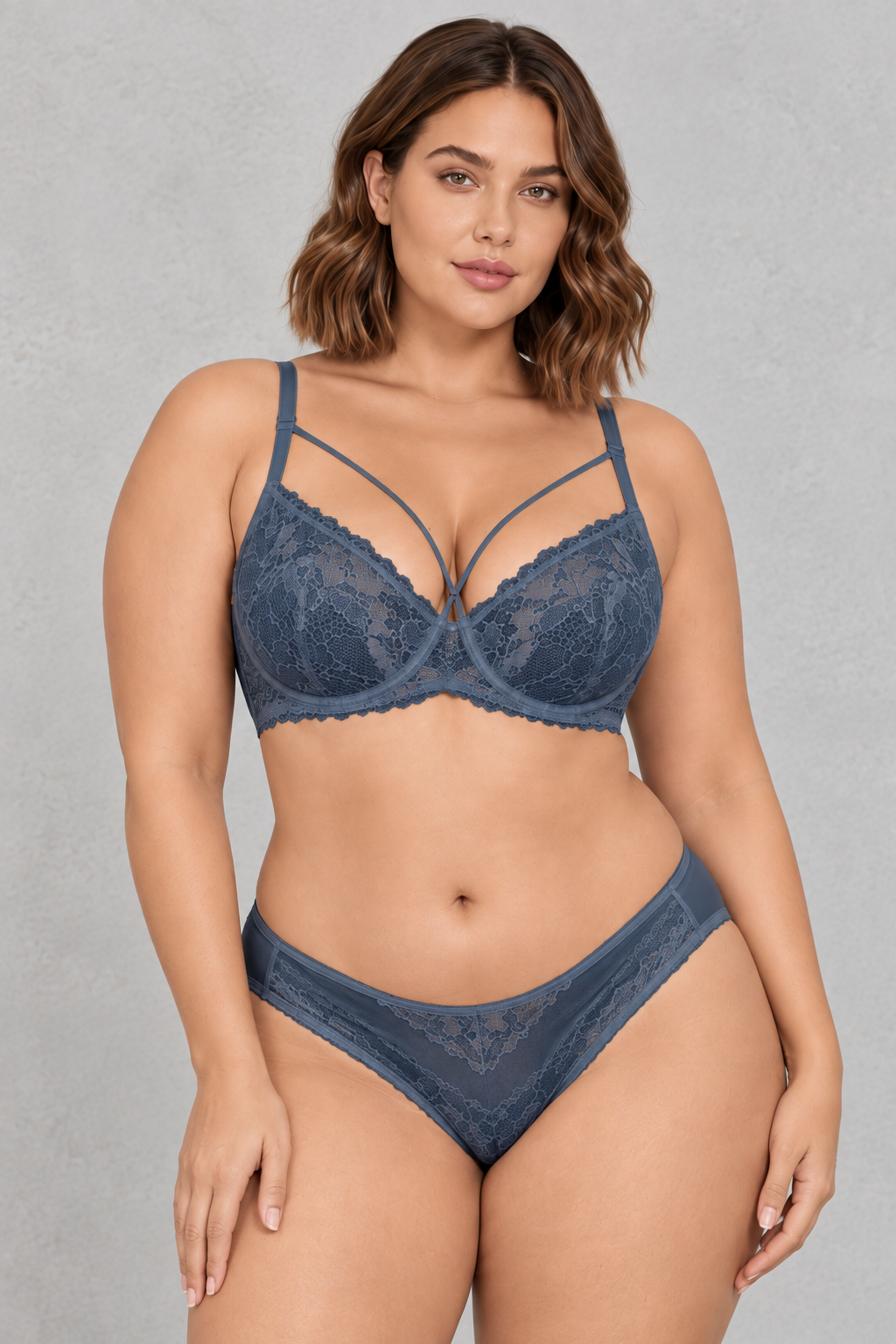 Sculp Strappy Lace Minimiser Bra & Knicker Set in Blue