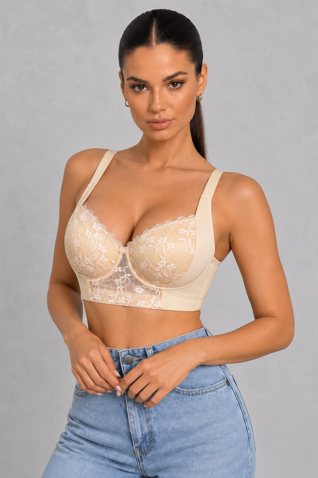 Sculp Longline Lace Side Support Bra in Nude – front
