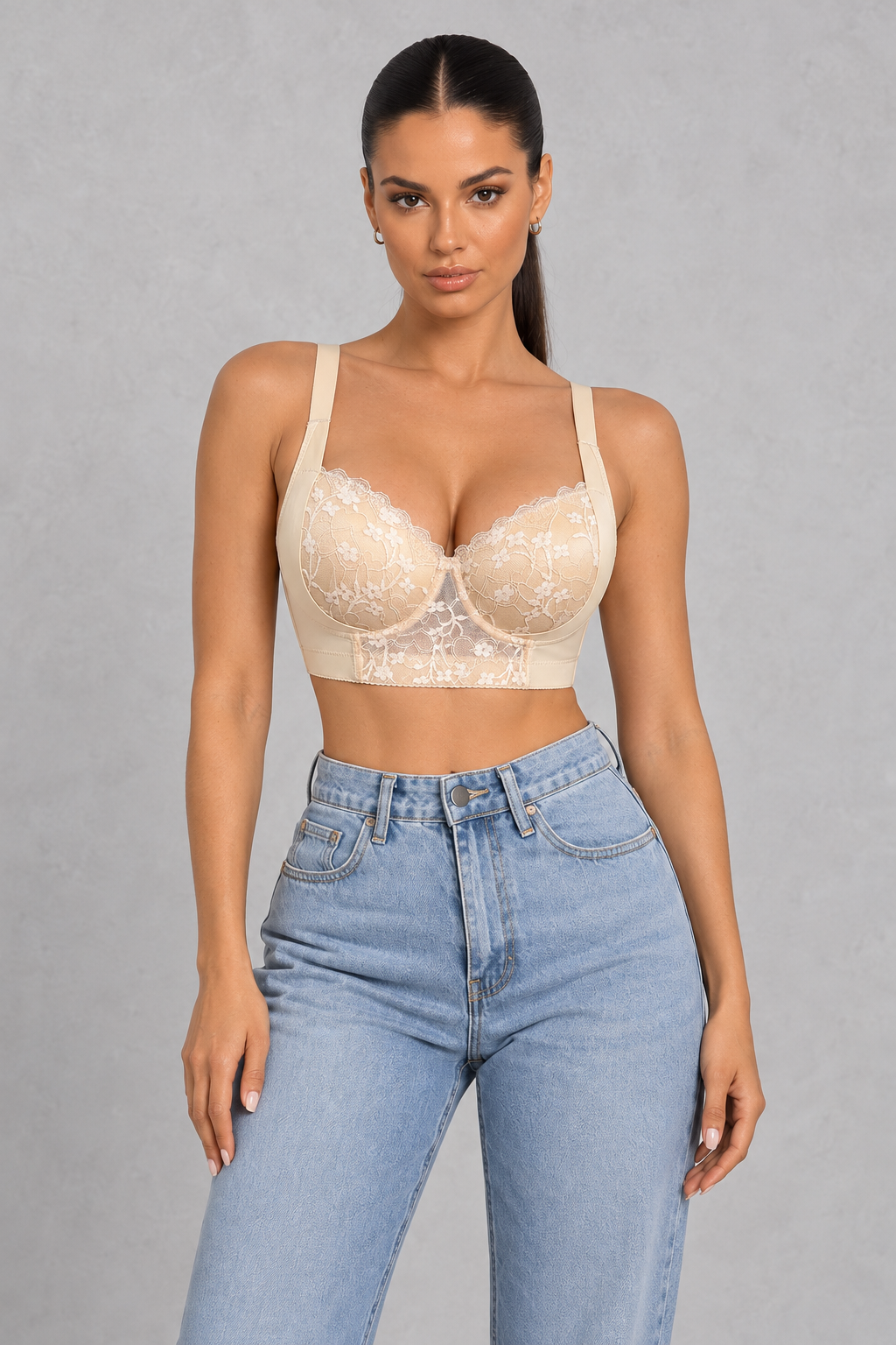 Sculp Longline Lace Side Support Bra in Nude – front detail