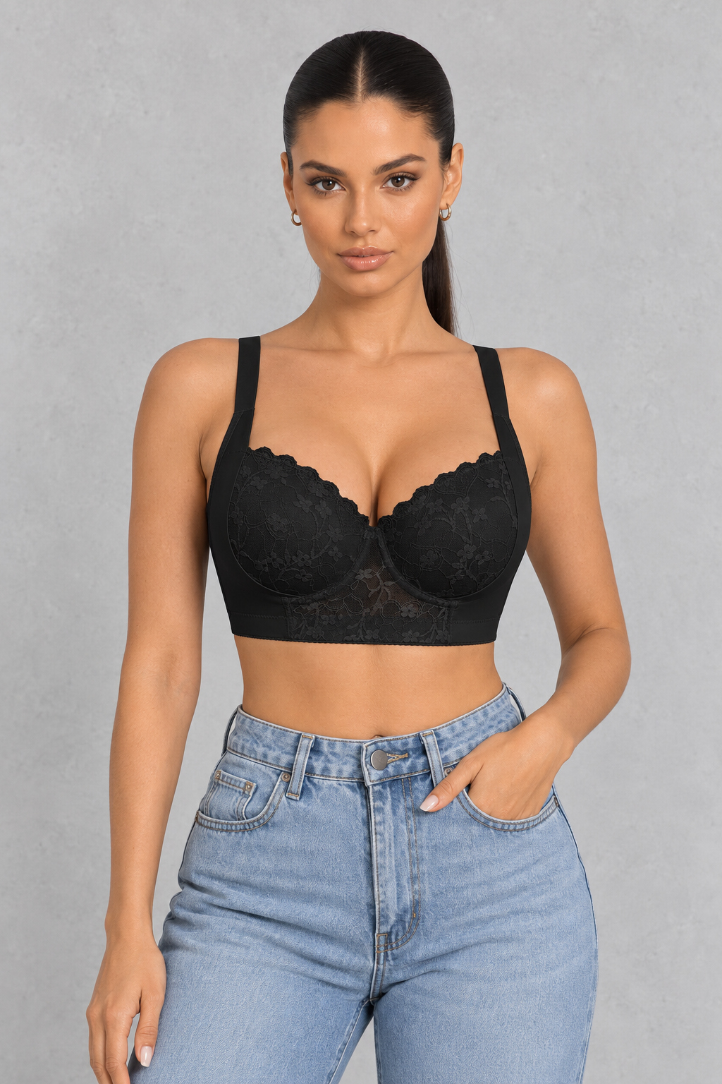 Sculp Longline Lace Side Support Bra in Black – front