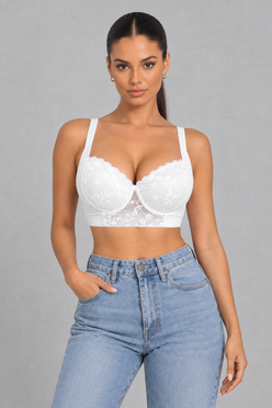 Sculp Longline Lace Side Support Bra in White – front