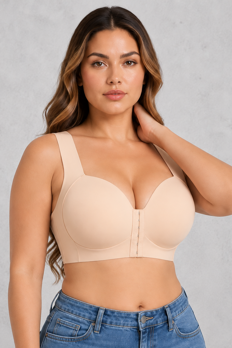 Sculp Seamless Front Closure Wireless Bra in Beige – front