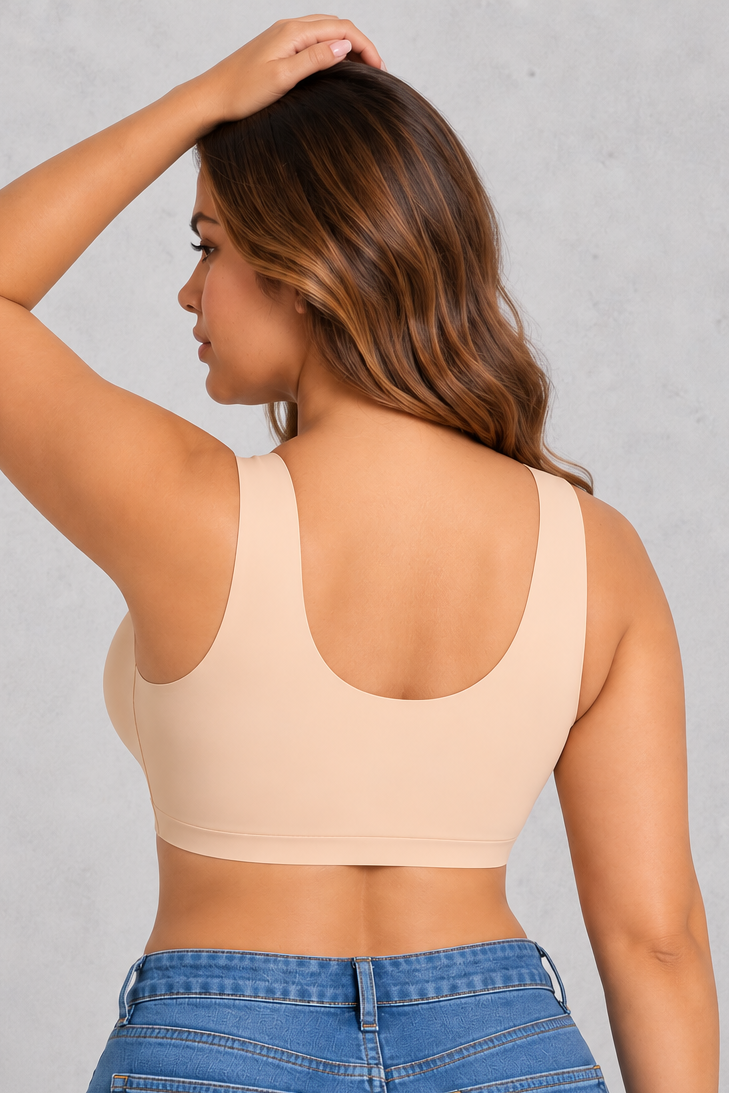 Sculp Seamless Front Closure Wireless Bra in Beige – back