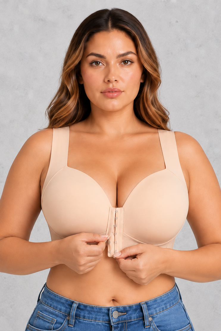 Sculp Seamless Front Closure Wireless Bra in Beige – front closure detail