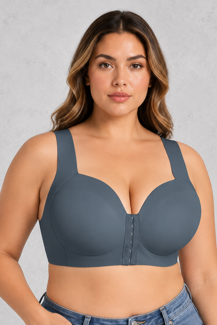 Sculp Seamless Front Closure Wireless Bra in Slate Grey – front
