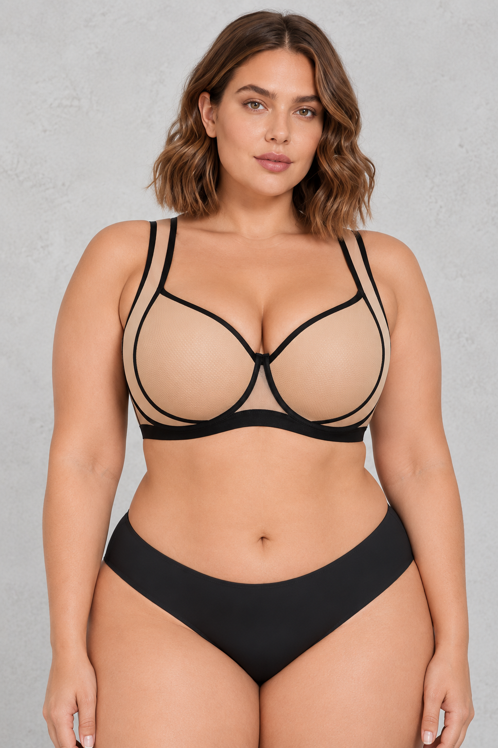 Sculp Sheer Mesh Underwired Bra in Nude with Black Trim – front