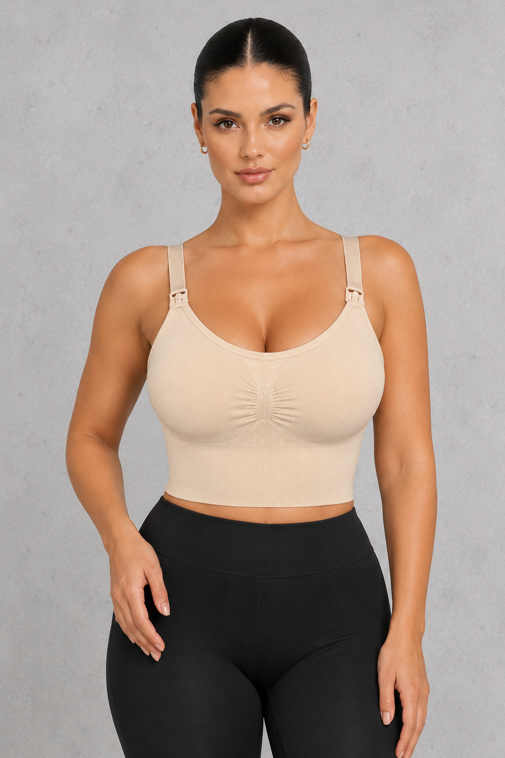Seamless nursing crop top bra with clip-down straps and ruched front