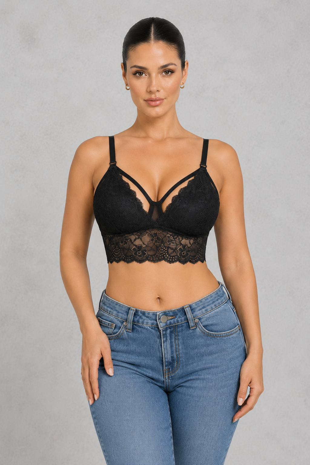 Strappy lace nursing bralette with clip-down cups and longline lace band