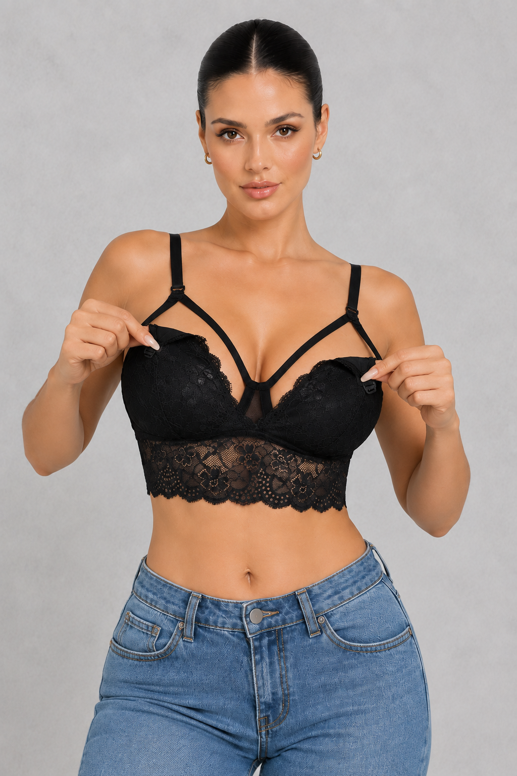 Strappy lace nursing bralette with clip-down cups and longline lace band