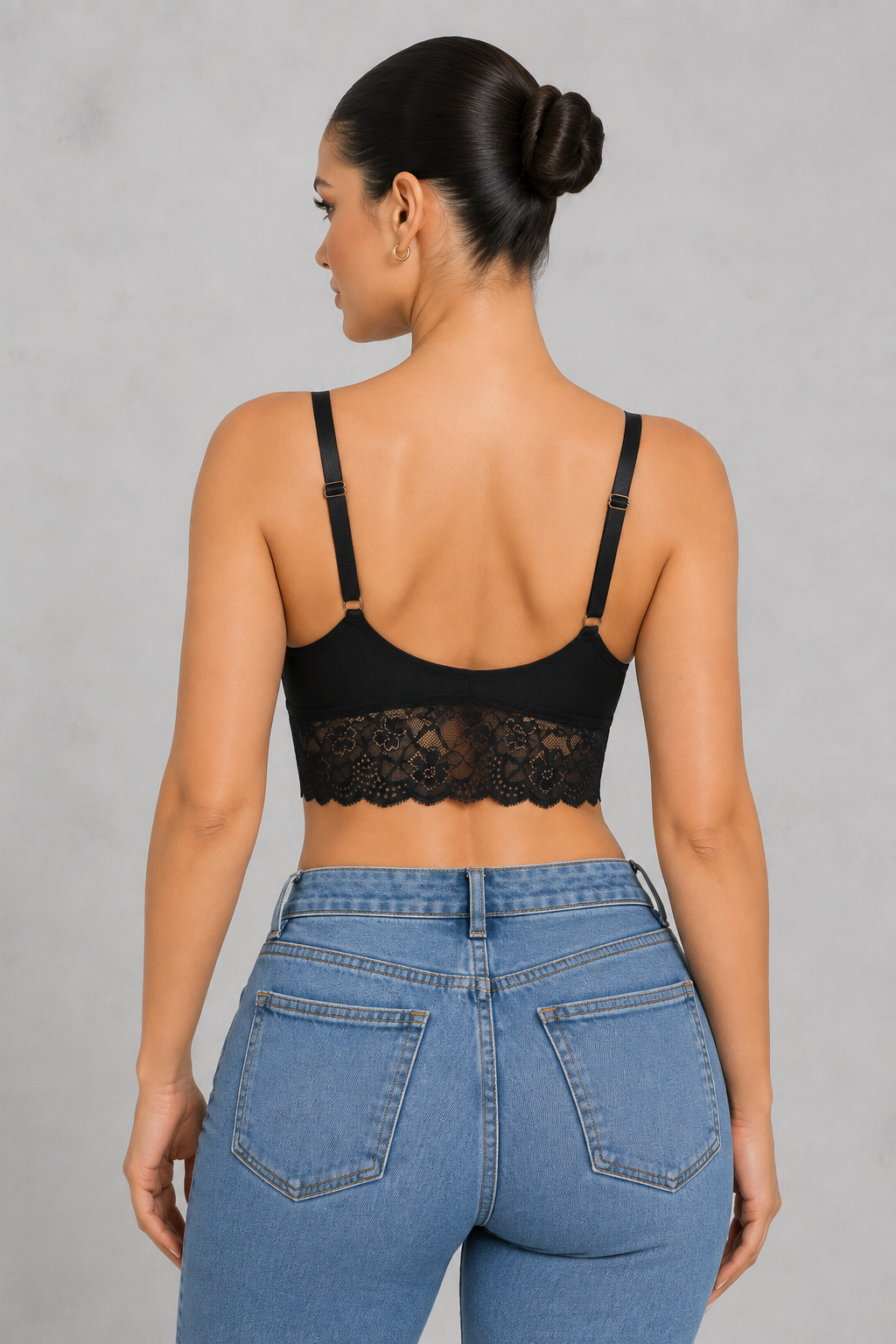 Strappy lace nursing bralette with clip-down cups and longline lace band